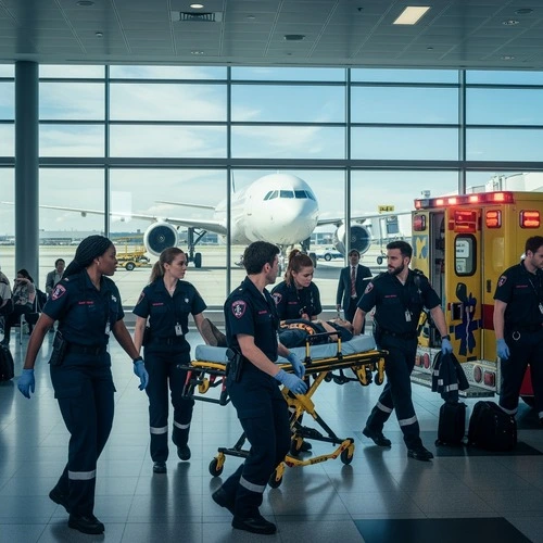5 travel paramedics at an airport wheeling a patient on a yellow gurney.