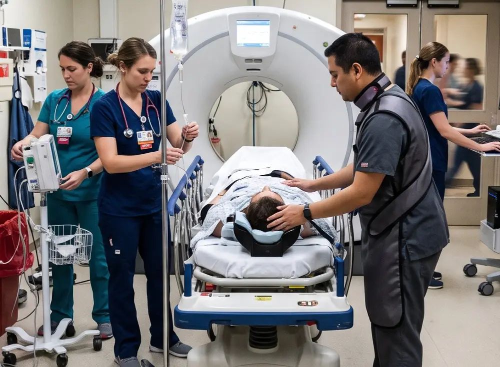 Emergency room nurses and a radiology tech preparing a patient for a CT scan