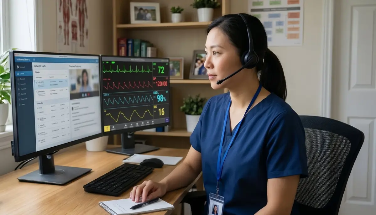 Remote registered nurse with a headset reviewing patient charts and vitals from a home office