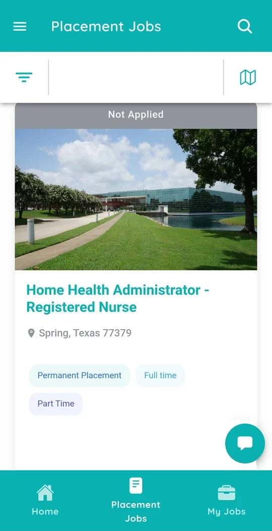 StaffDash app listing for a permanent Home Health Administrator Registered Nurse placement in Spring, Texas