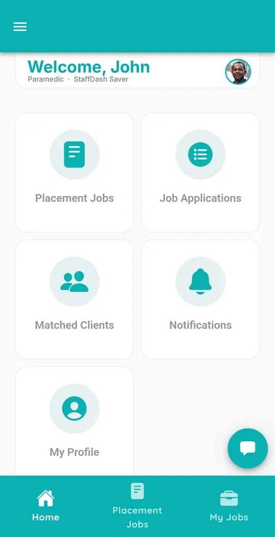 StaffDash app home screen for a Saver named John with Placement Jobs, Job Applications, Matched Clients, Notifications and My Profile