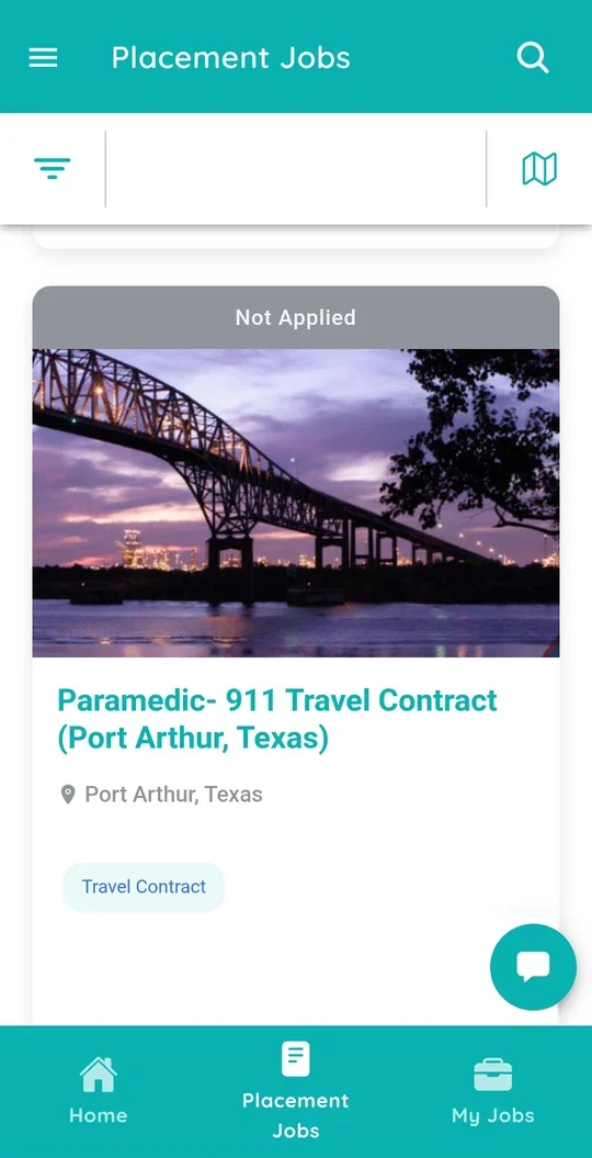 StaffDash app Placement Jobs screen showing a Paramedic 911 travel contract in Port Arthur, Texas