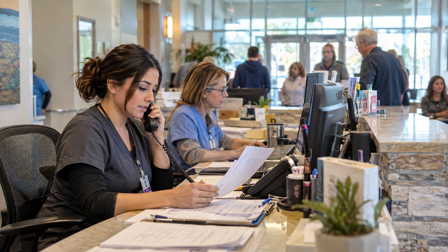 Front desk staff checking in patients at a busy clinic reception